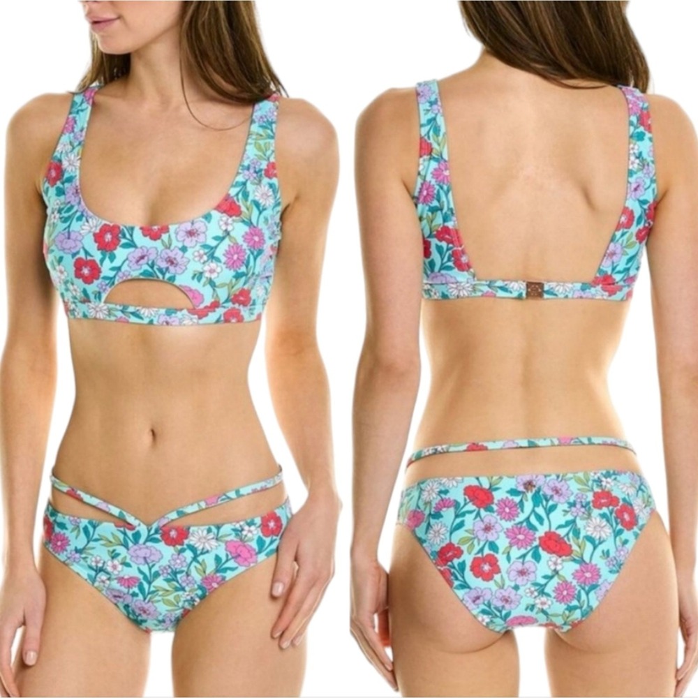 Nanette Lepore Women Floral Print Cutout Bikini Set Aqua Blue Pink‎ Size 4 NEW